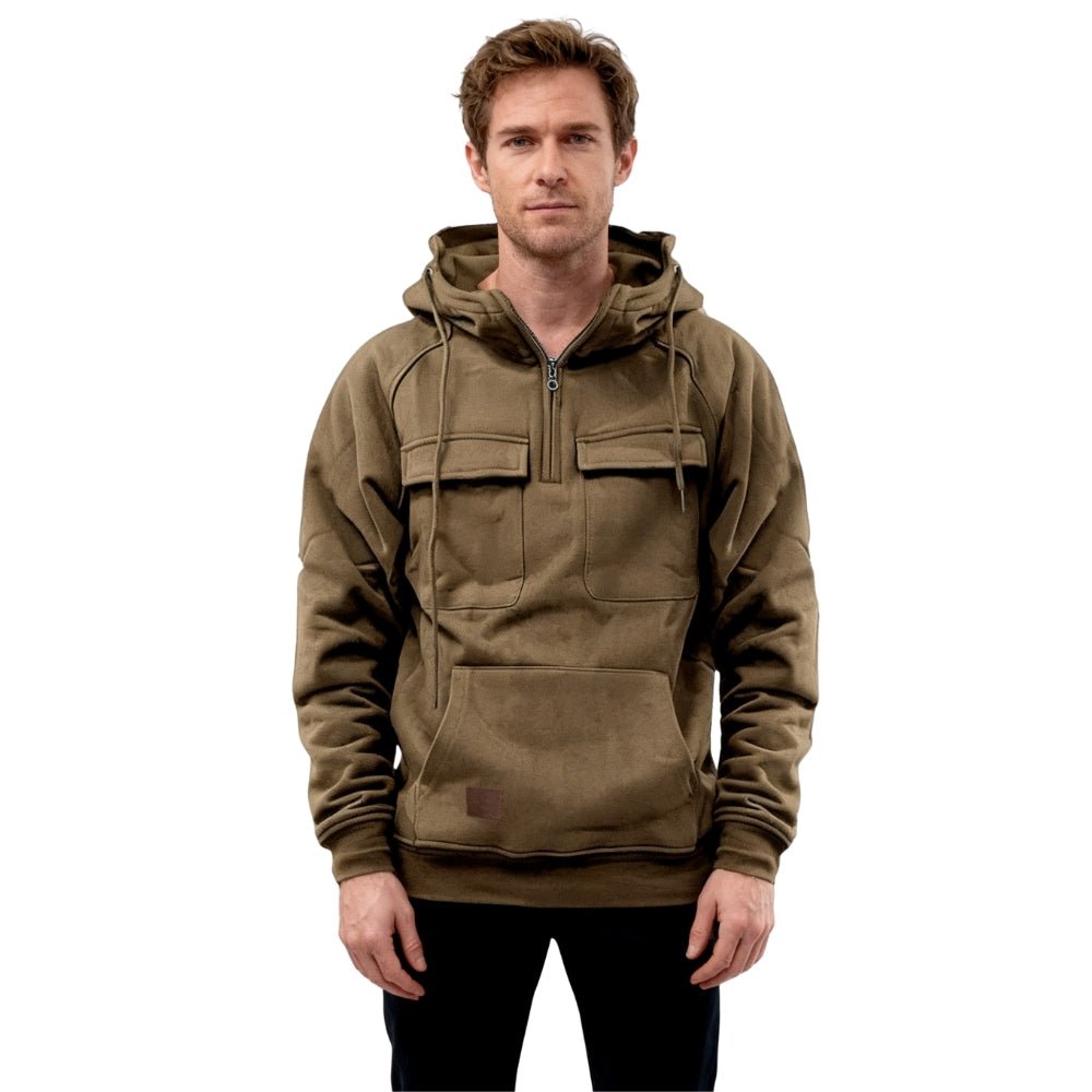 military-inspired sweatshirt," "rugged streetwear," "functional gorpcore," "garment-dyed cotton," "men's cargo hoodie," "premium casualwear.