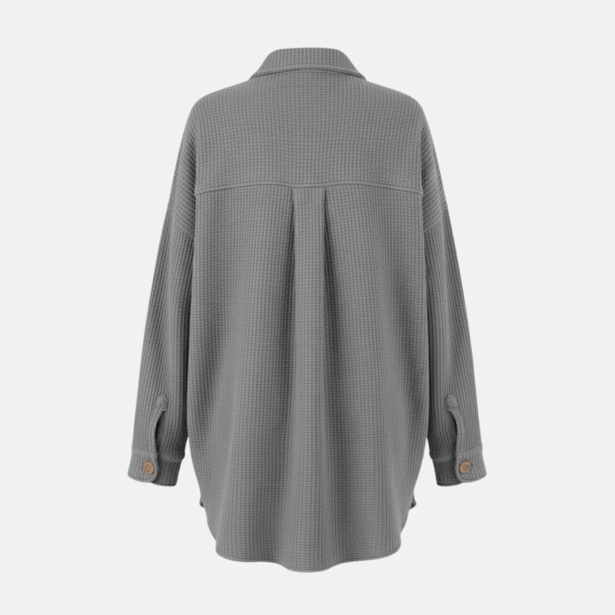 Flatlay of the back of the heather grey Kouvr Donna Shacket, detailing the waffle knit texture and construction.