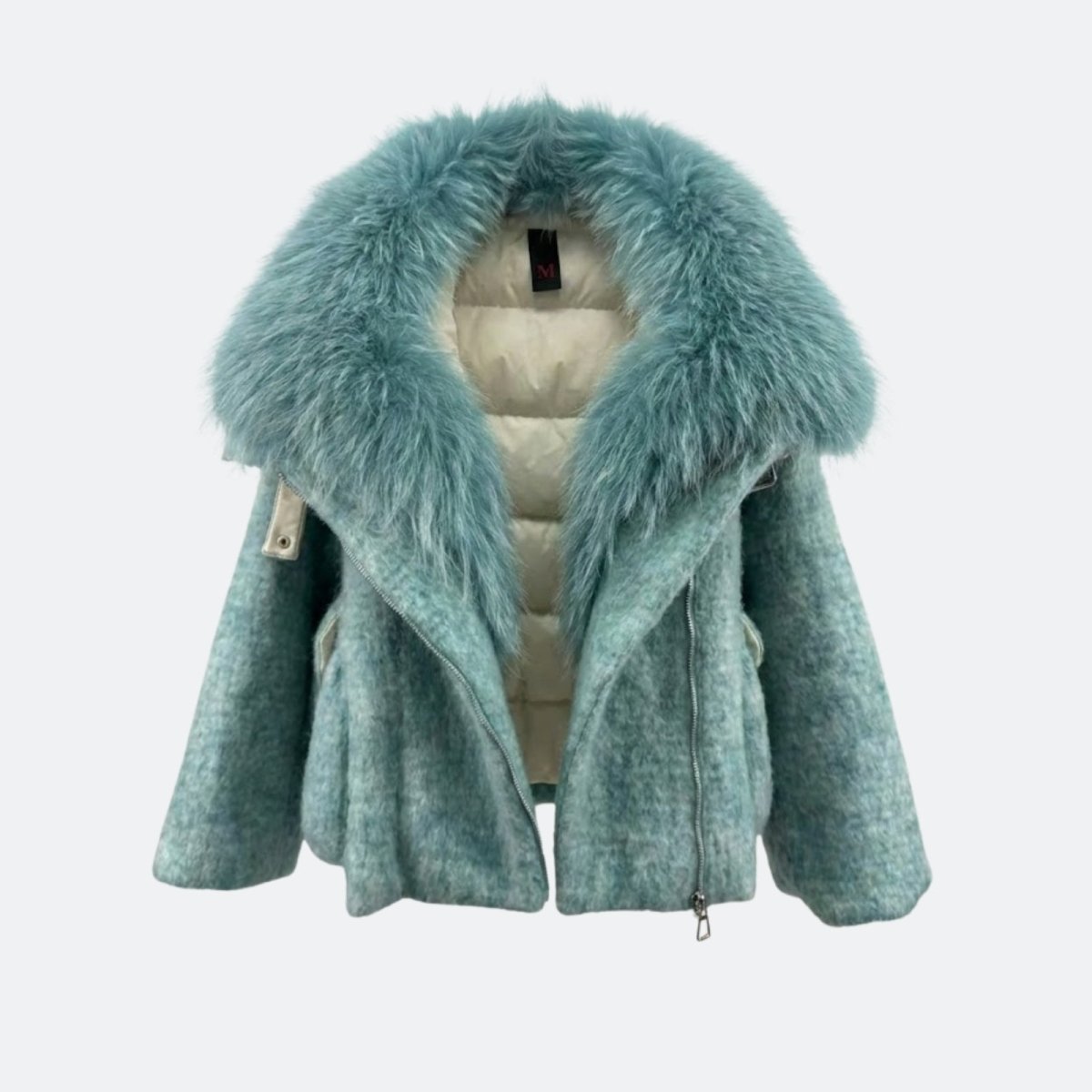 Flat lay of the Kouvr Dorothy blue moto jacket, open to display the luxurious faux fur collar and the warm quilted interior lining.
