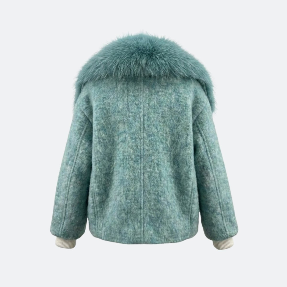 Back view of the Kouvr dorothy blue biker jacket on a plain background, highlighting the textured wool-blend fabric and ribbed cuffs.