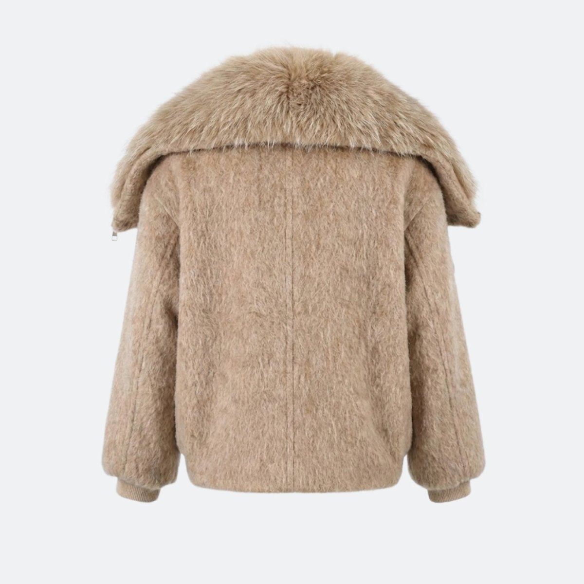 Flatlay of the back of the Kouvr women's wool blend biker jacket, detailing the full faux fur collar and textured fabric.