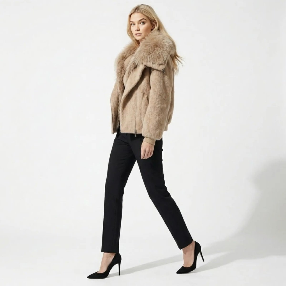 Side profile of a woman walking in a beige faux fur collar biker jacket from Kouvr, showing its silhouette and fit.