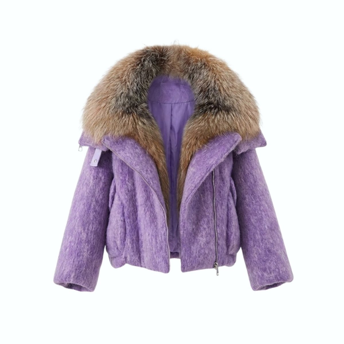 Product-only photo of the Kouvr Dorothy purple wool moto jacket with the front zipper open, showing the purple lining and fur collar.
