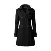 Product-only studio shot of the Kouvr women's black double-breasted wool trench coat, showing button and lapel details.