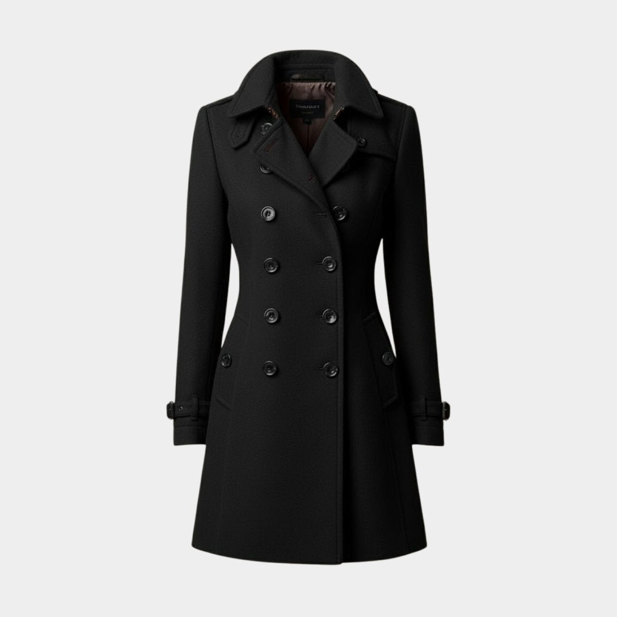 Product-only studio shot of the Kouvr women's black double-breasted wool trench coat, showing button and lapel details.