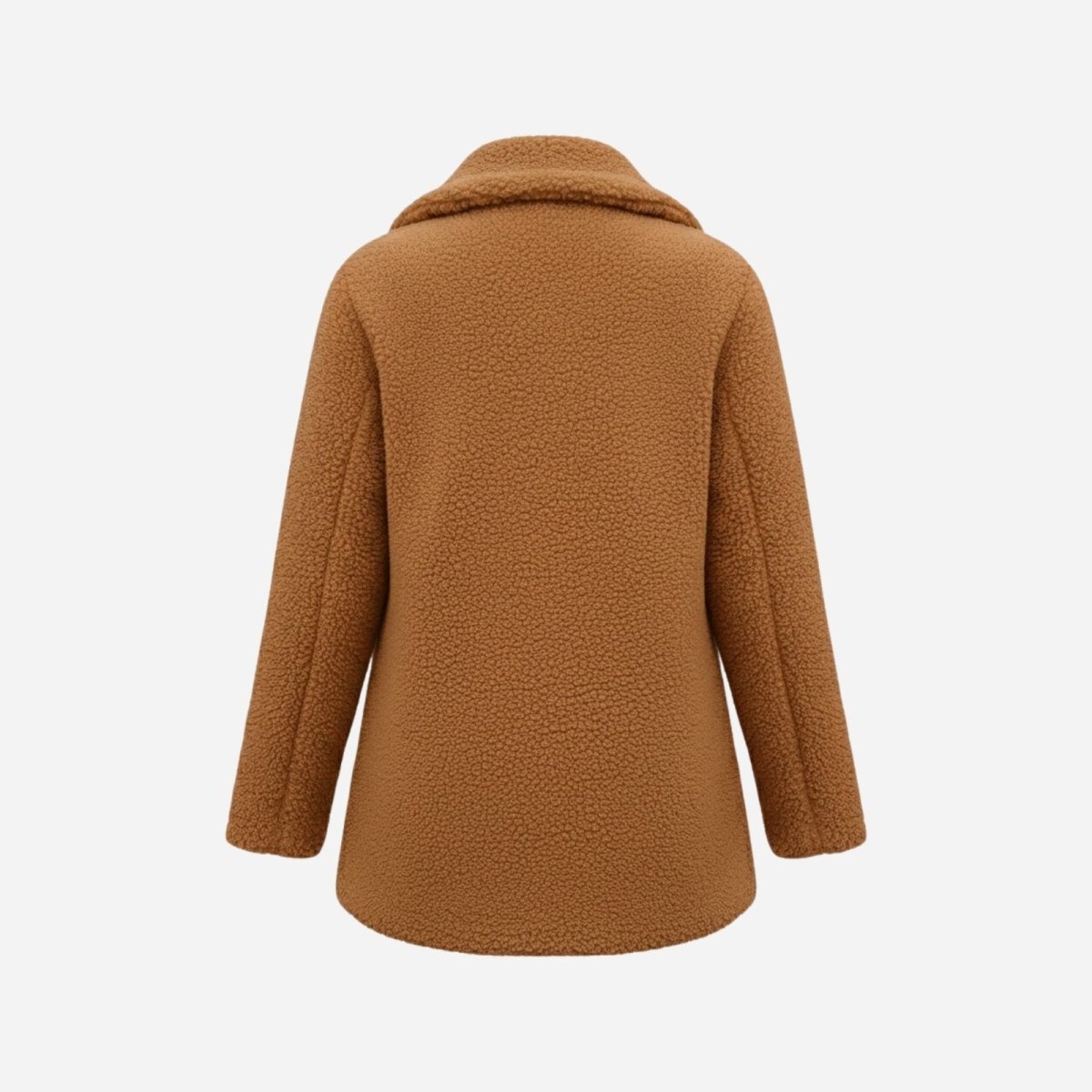 Flat lay back view of the Kouvr Fashion camel teddy coat, detailing the collar and construction.

