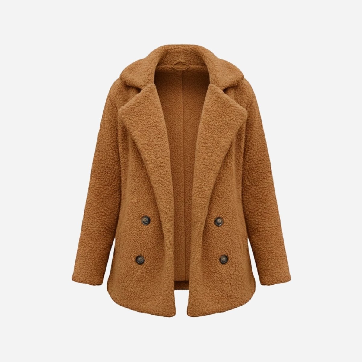 Flat lay of the Kouvr Fashion double-breasted teddy coat shown open to display the notched lapels and button details.