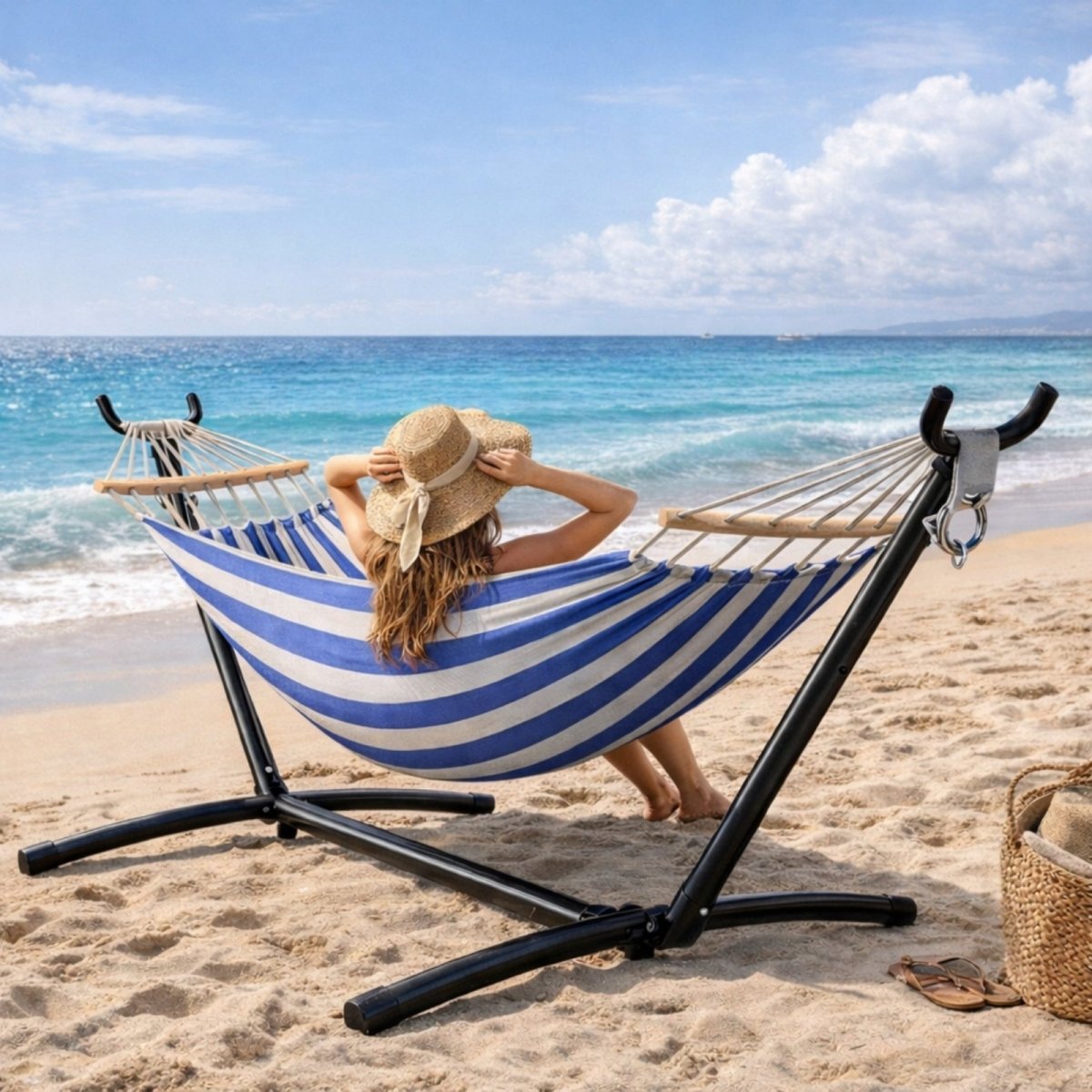 Woman in a straw hat relaxing in a Kouvr blue and white striped double hammock with a stand on a tranquil sandy beach overlooking the ocean.