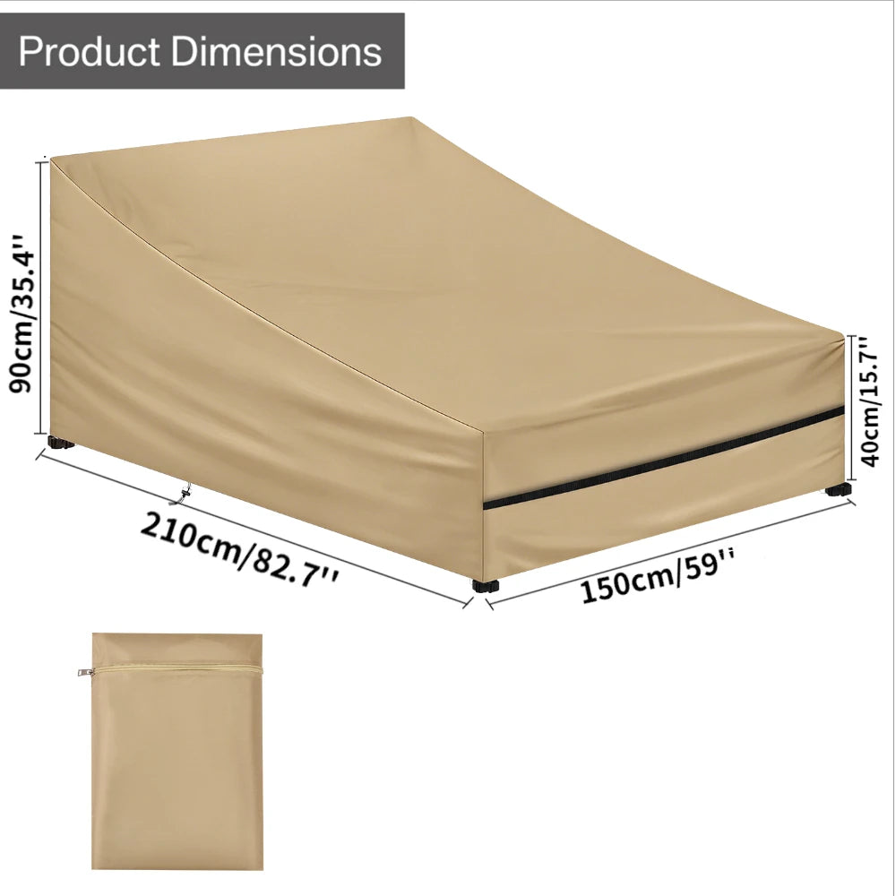 Double-wide beige outdoor sunbed cover engineered for all-weather luxury furniture protection by Kouvr.
