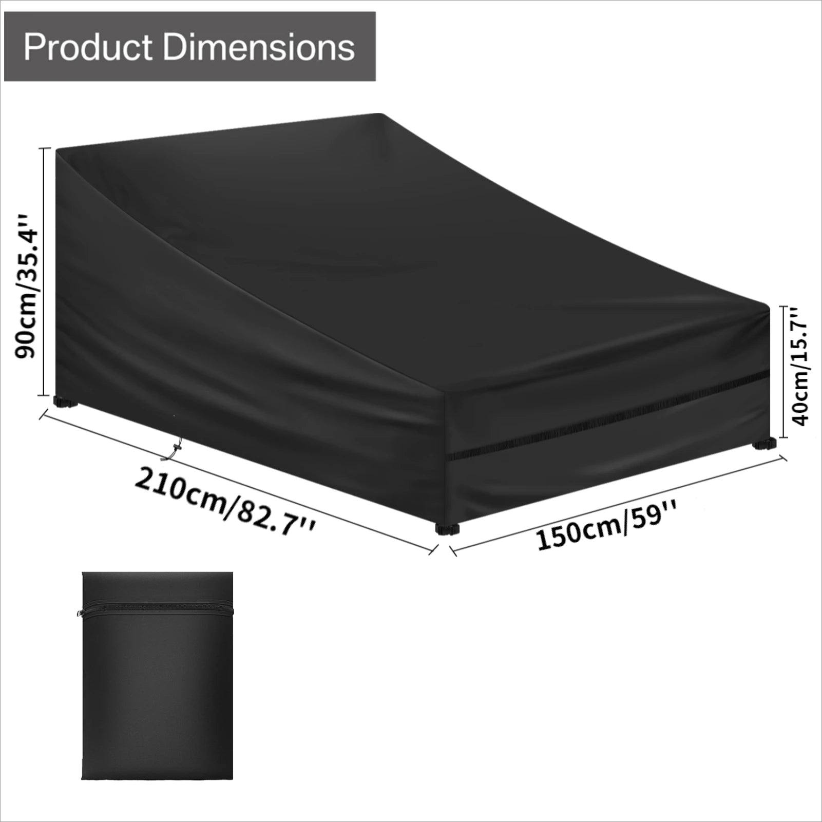 Extra wide black patio daybed and double chaise lounge cover highlighting tailored slope design and drawstrings.