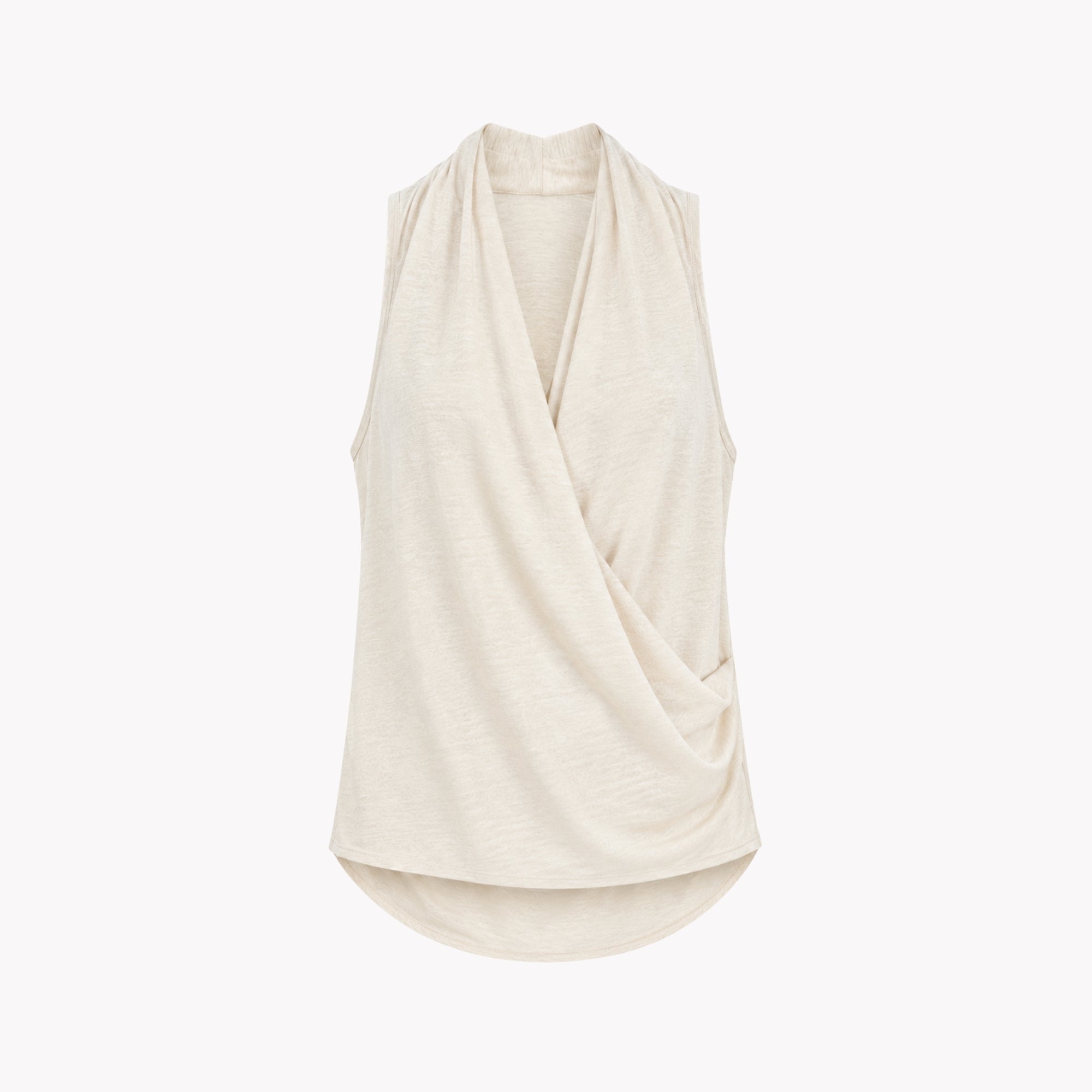 Studio flat lay front view of a sand colored draped wrap tank top highlighting the luxurious fabric texture and crossover design details.