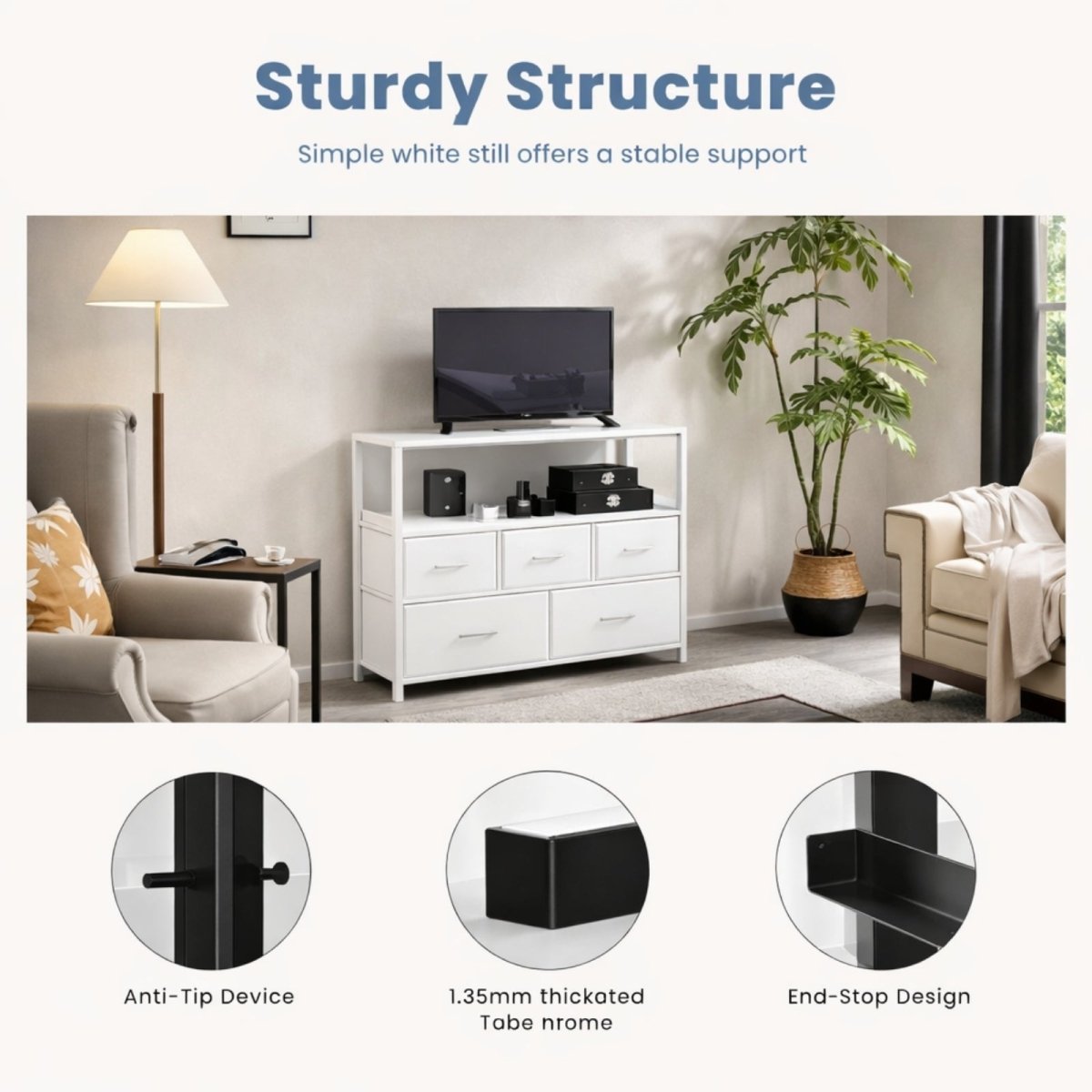 Close-up images highlighting the sturdy structure and safety features of the Kouvr  dresser, including its anti-tip device, thick frame, and end-stop design.