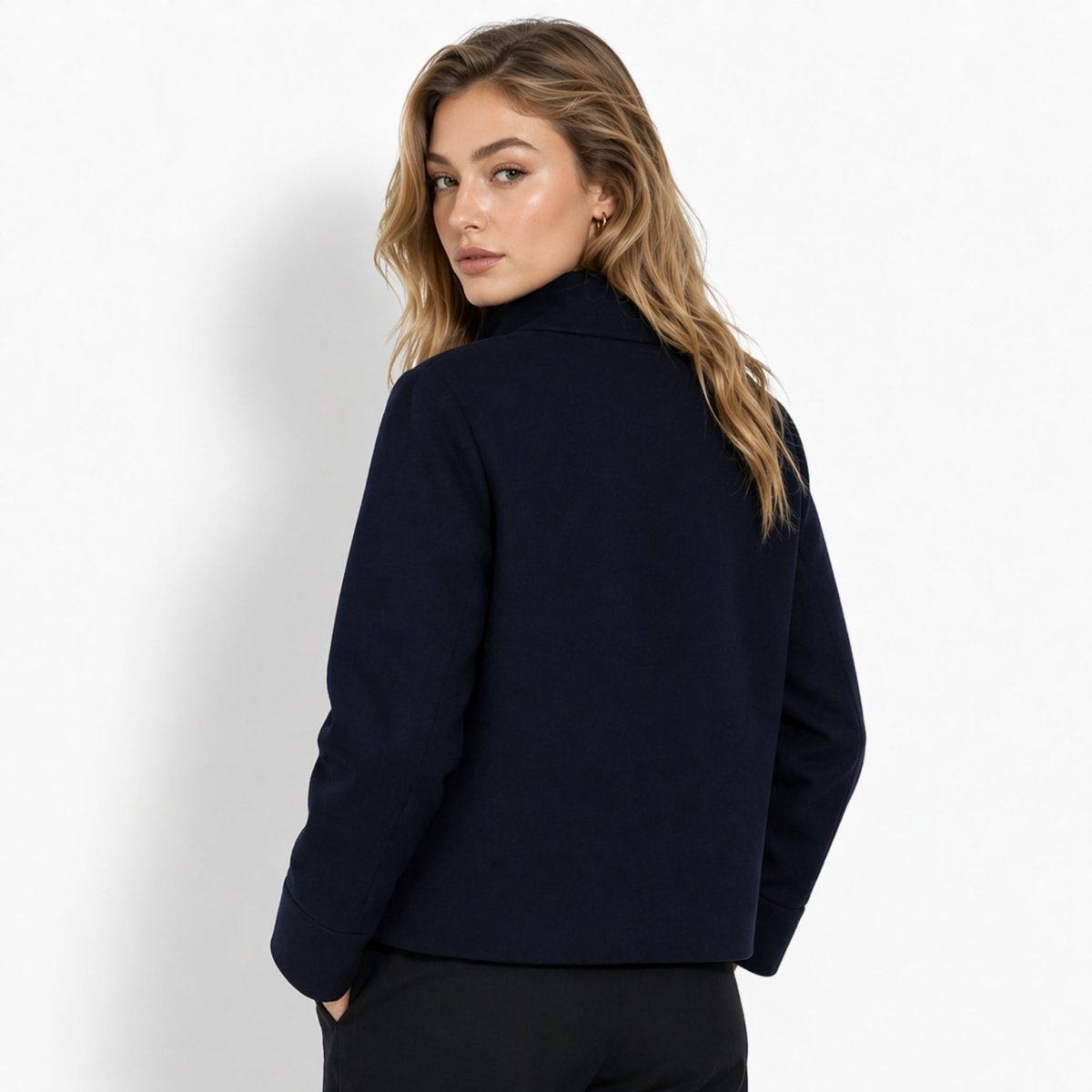 Back view of relaxed boxy fit drop shoulder jacket in dark navy.