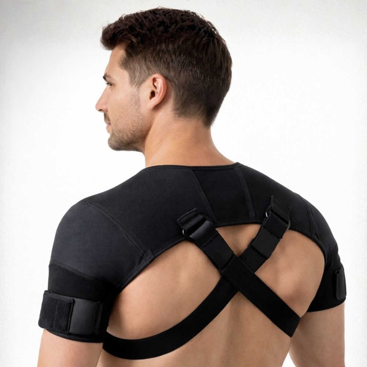 Man wearing the black Kouvr dual shoulder support brace, showing the adjustable X-strap design for posture correction and stability from the back.