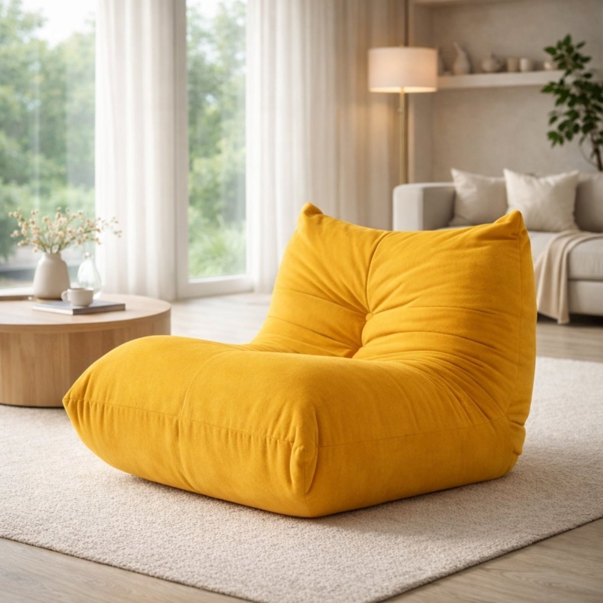 Mustard yellow caterpillar style lounge chair by Kouvr sitting on a textured rug in a sunlit modern apartment.
