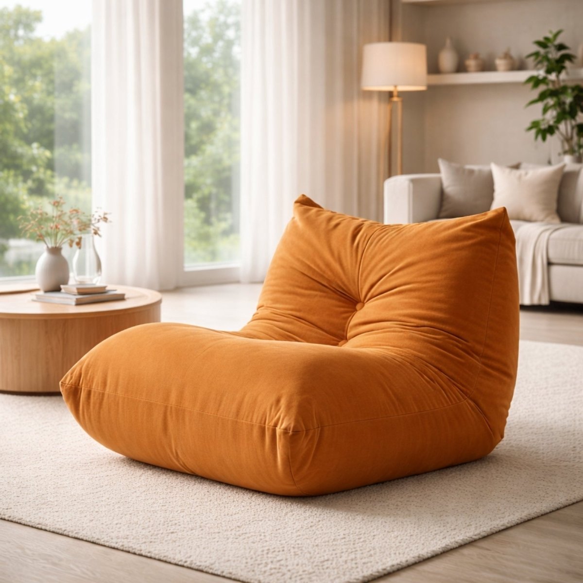 Kouvr Dune two-seater floor loveseat in dusty pink mohair, showcasing wide seating area for two people.
 