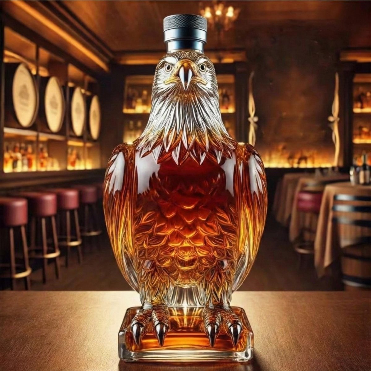 Front view of the intricately detailed Kouvr sculpted glass eagle liquor decanter in a luxury bar setting.
