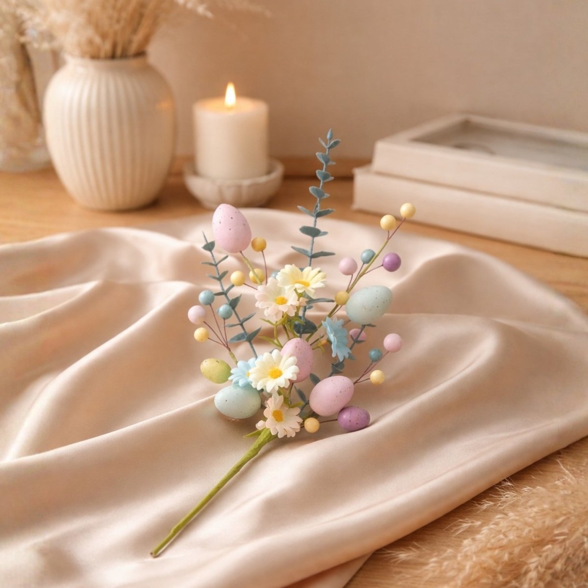A single artificial floral stem with pastel Easter eggs and daisies laid elegantly on a piece of champagne-colored satin fabric.