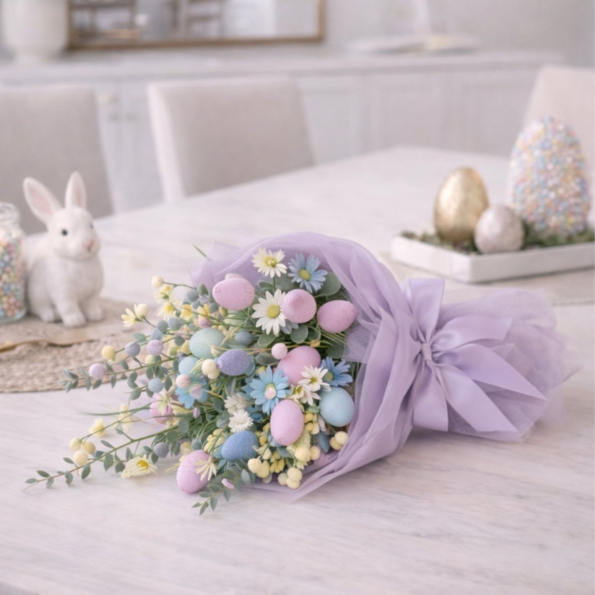 A pastel Easter egg bouquet lying on a white marble dining table next to a ceramic bunny and decorative eggs.