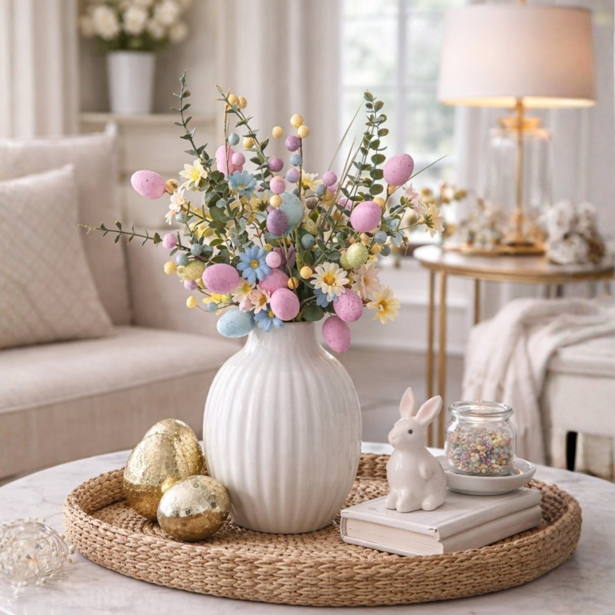 A ribbed white vase with a pastel Easter egg floral arrangement on a coffee table tray in a bright, elegant living room setting.