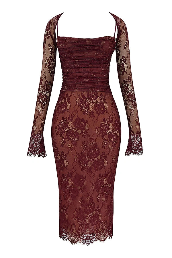 scalloped hem," "ruched bodice," "sheer floral," "elegant evening wear," "sophisticated cocktail attire