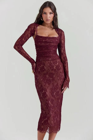 Lace Corset Dress & Bolero Set in Wine | Ruched Bodycon Midi Formal Dress  with Lace Up Back for Evening & Cocktail Parties | Sheer Floral Lace | Kouvr