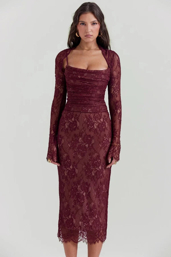 scalloped hem," "ruched bodice," "sheer floral," "elegant evening wear," "sophisticated cocktail attire