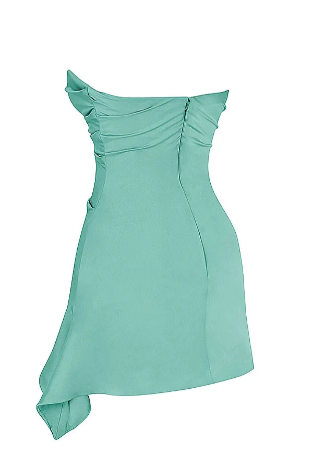 sculpted silhouette," "draped bodice," "sweetheart neckline," "fit and flare," "asymmetrical hem," "lustrous finish