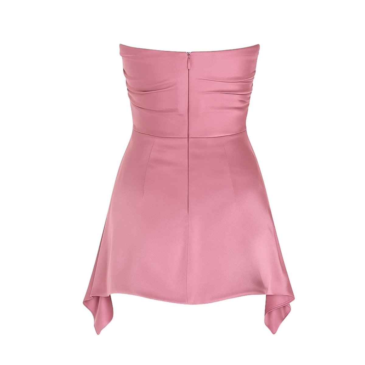 Back flat lay of the Kouvr Eesha strapless mini dress showing ruching and zipper.