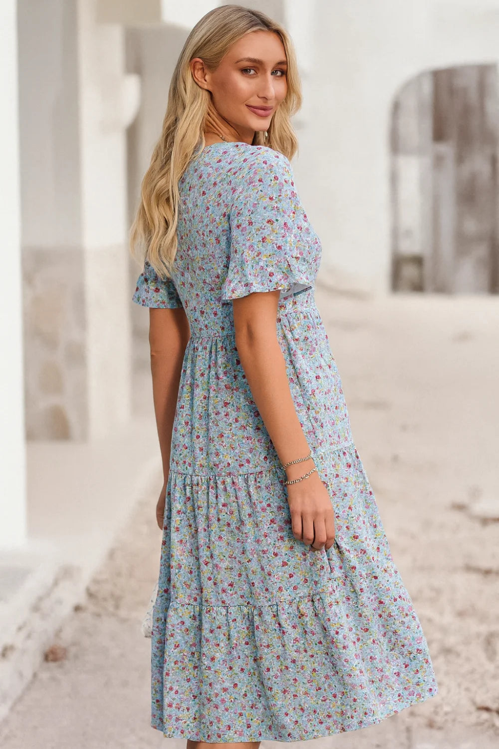 flutter sleeve dress," "tiered casual dress," "flowy boho dress," "women's v-neck dress," and "romantic garden party dress