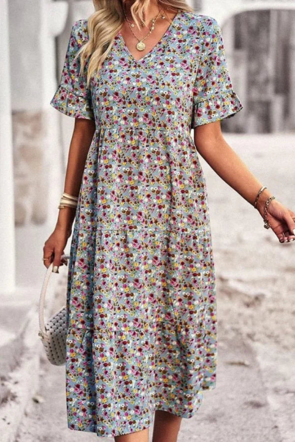 flutter sleeve dress," "tiered casual dress," "flowy boho dress," "women's v-neck dress," and "romantic garden party dress