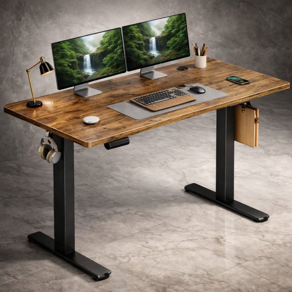 A rustic wood finish Kouvr standing desk with a black frame, showcasing its textured top and a dual monitor display for a professional workspace.

