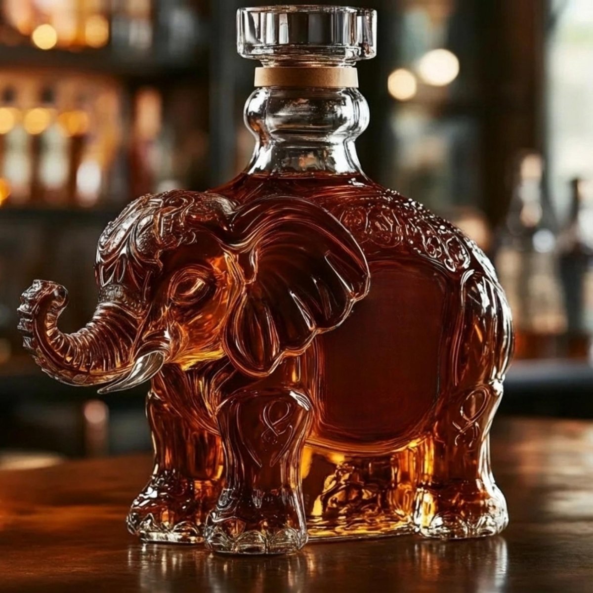 Side profile of a detailed, hand-blown glass elephant whiskey decanter filled with amber liquor, sitting on a wooden bar top with a blurred background.
