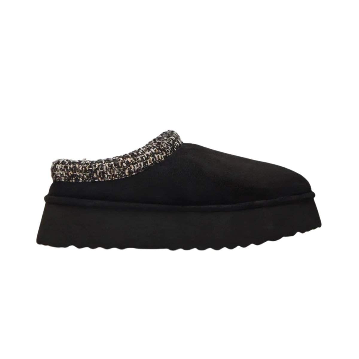 Black kouvr slipper with patterned band on a white background