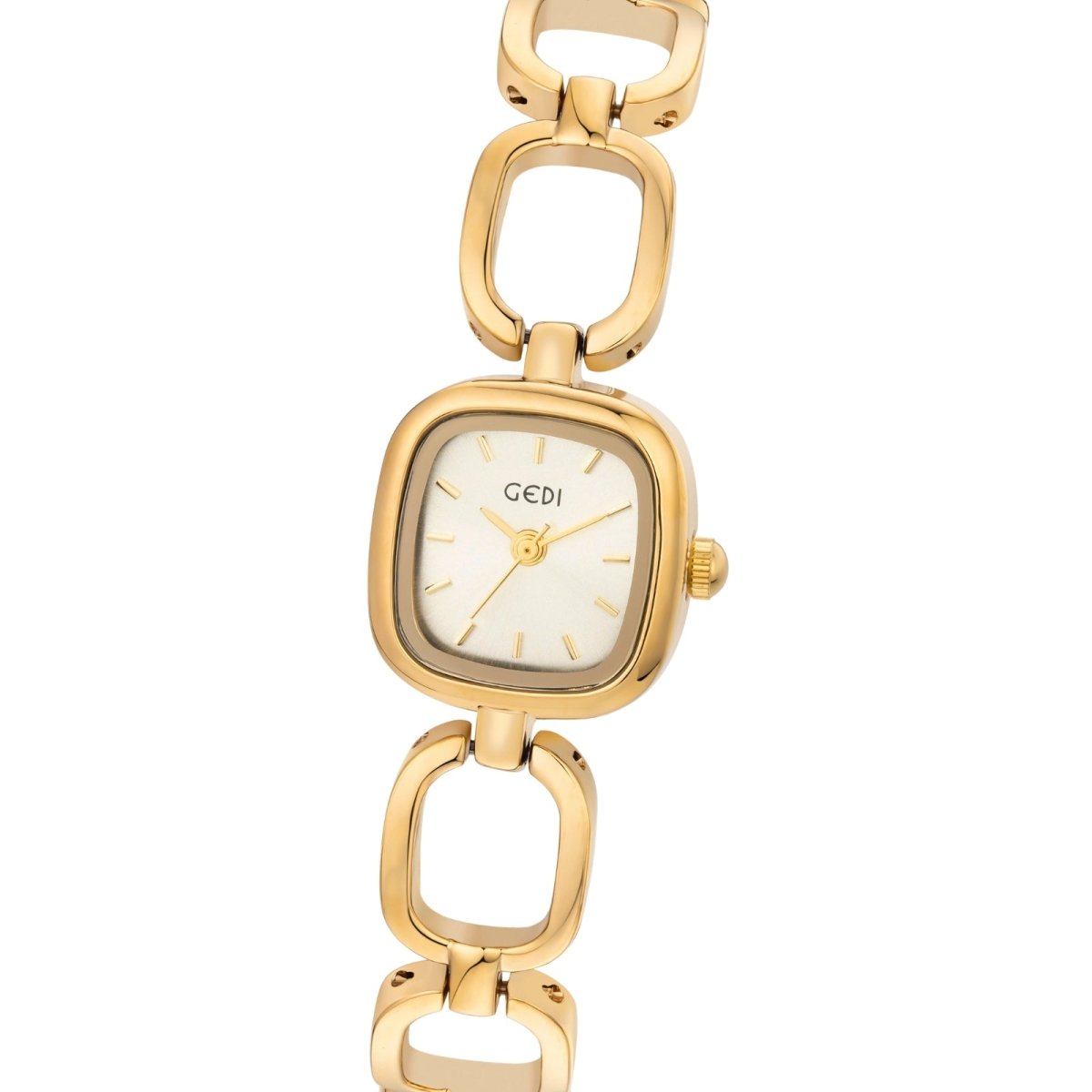 Gold kouvr watch with chain-link design on a white background