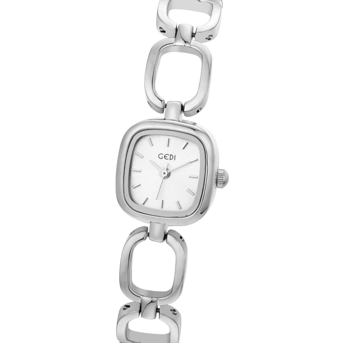Silver kouvr chain-link watch with a white face on a white background