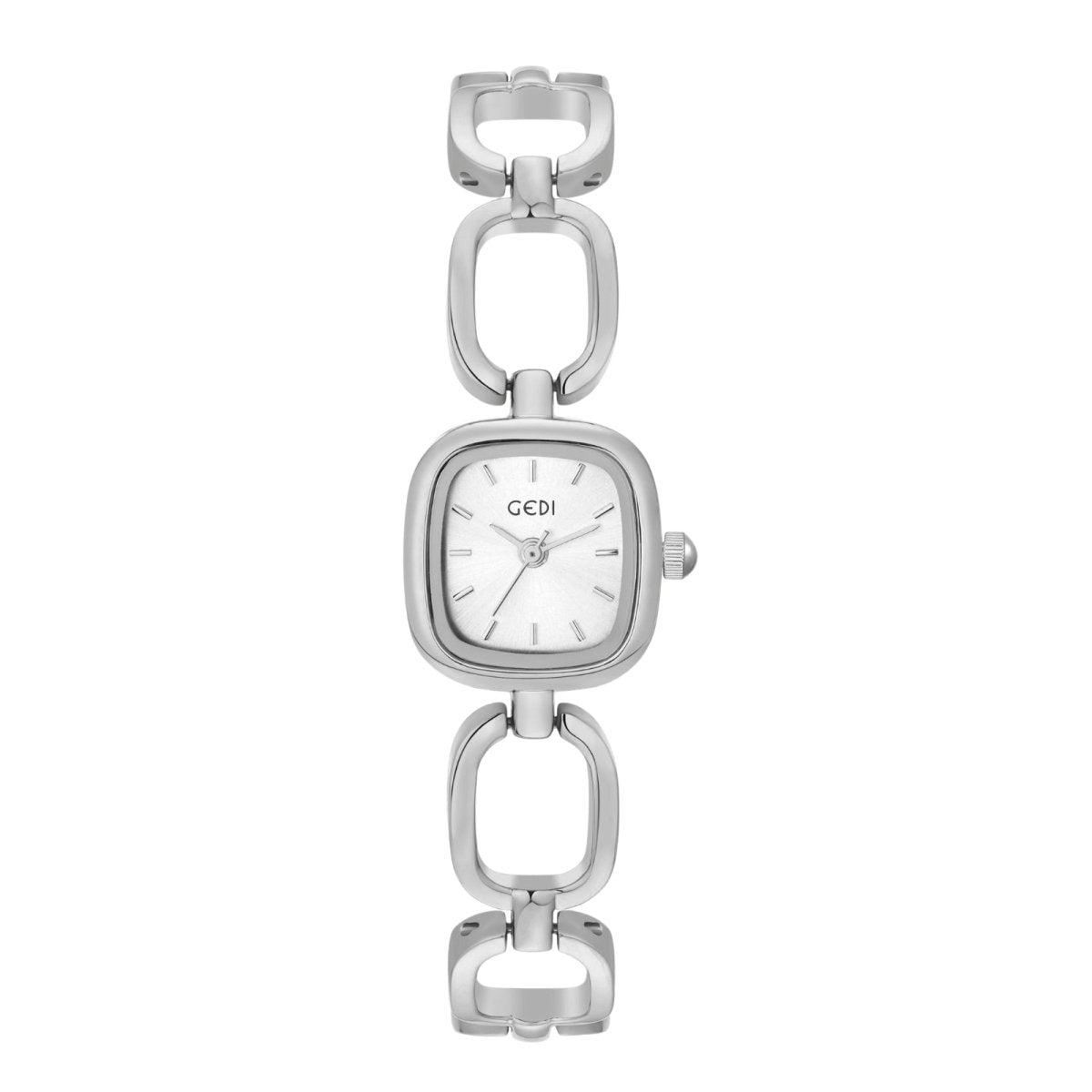 Silver kouvr watch with chain design on a white background
