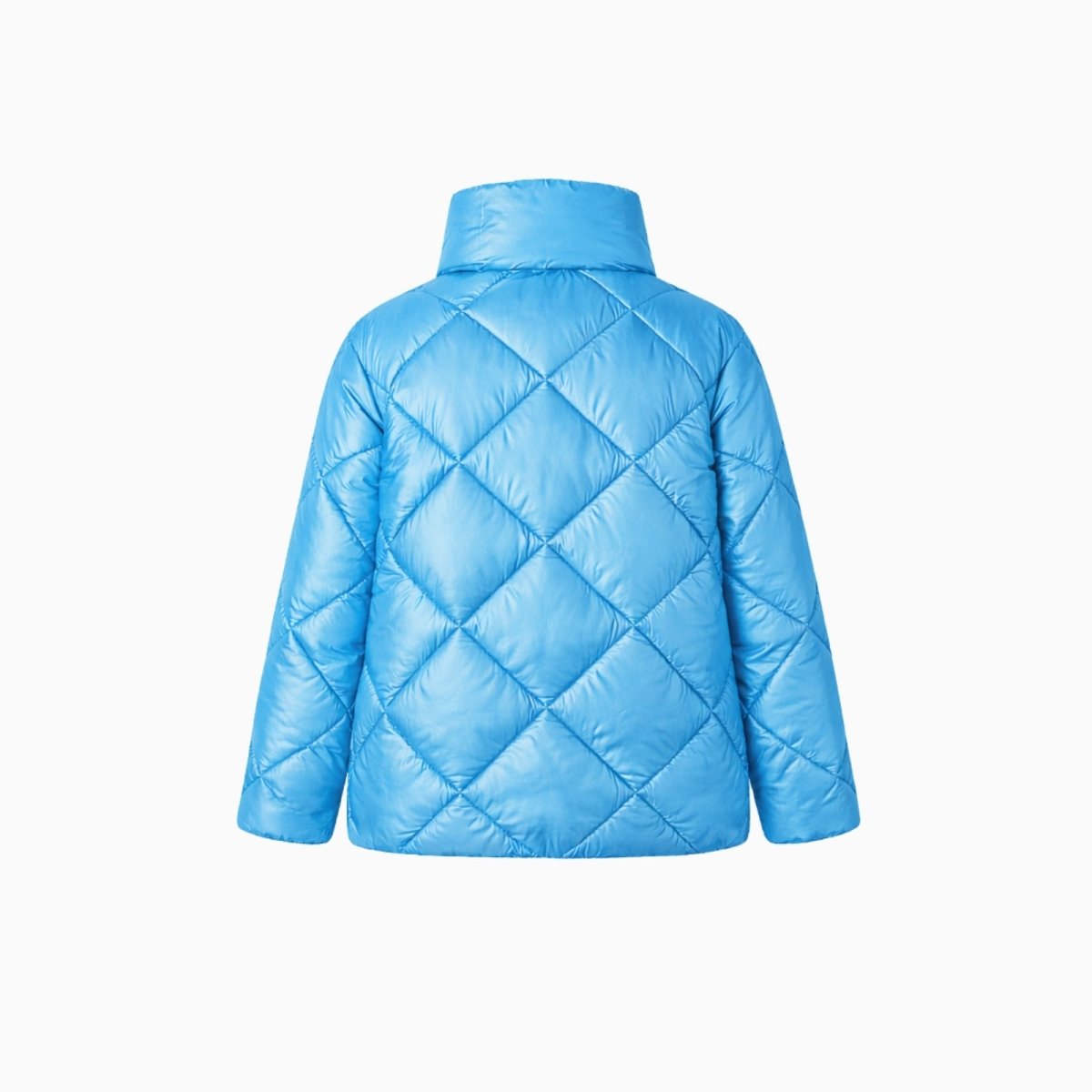  Product-only studio shot of the Kouvr Elisse sky blue diamond quilted puffer jacket, back view.