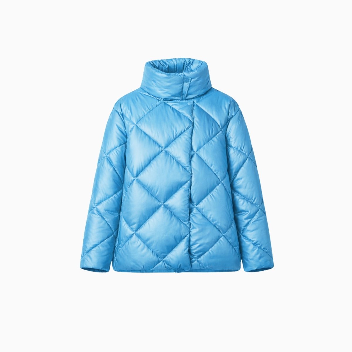 Product-only studio shot of the Kouvr Elisse sky blue diamond quilted puffer jacket, front view.