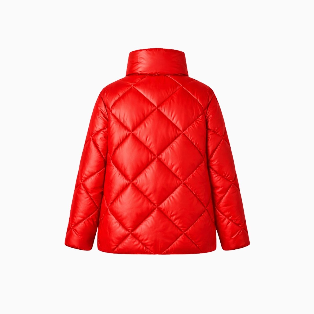 Flatlay back view of a red women's quilted winter jacket highlighting its clean design.