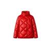 Studio product shot of a red high-neck puffer jacket with diamond quilting and front zipper closure.