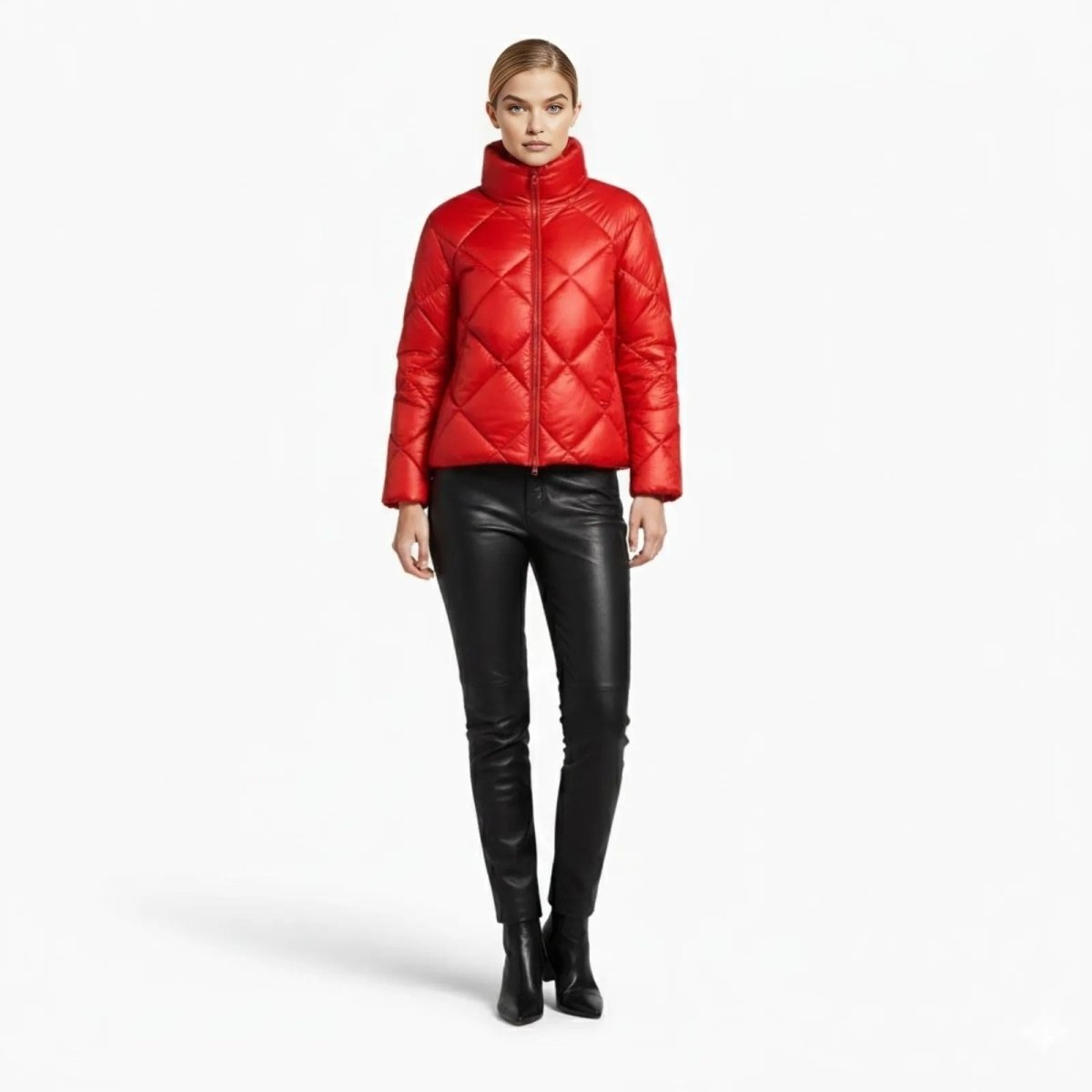 Model wearing the Kouvr elisse red quilted puffer jacket with a high neck, paired with black leather pants.