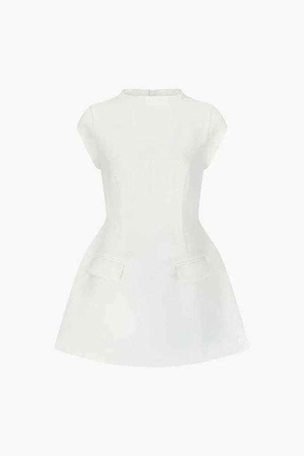 sculptural silhouette", "architectural dress", "modern bridal wear", "bonded crepe fabric", "statement pockets