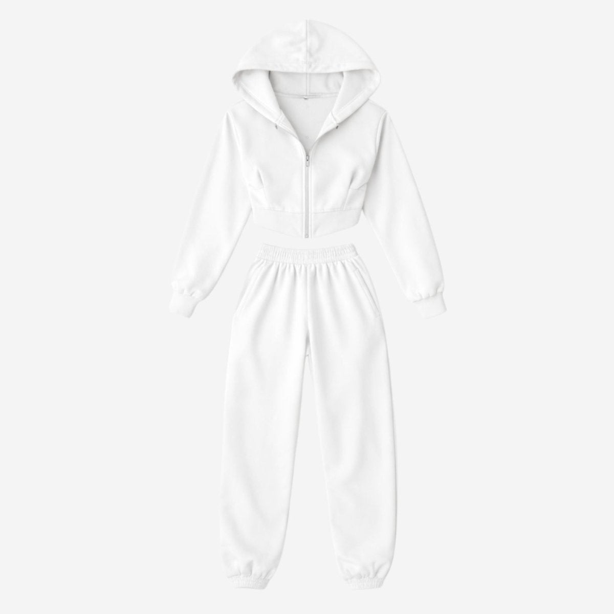 Flat lay of the Kouvr Ellaine white matching set, displaying the women's cropped corset hoodie and high-waist joggers against a clean white background.