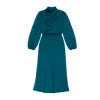 Model wearing the Kouvr Ellana elegant teal satin midi dress with bishop sleeves