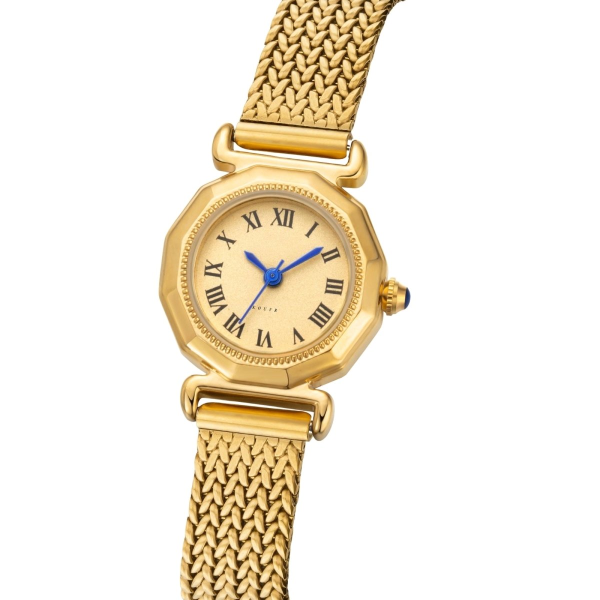 Gold Kouvr watch with a white face and blue hands on a white background