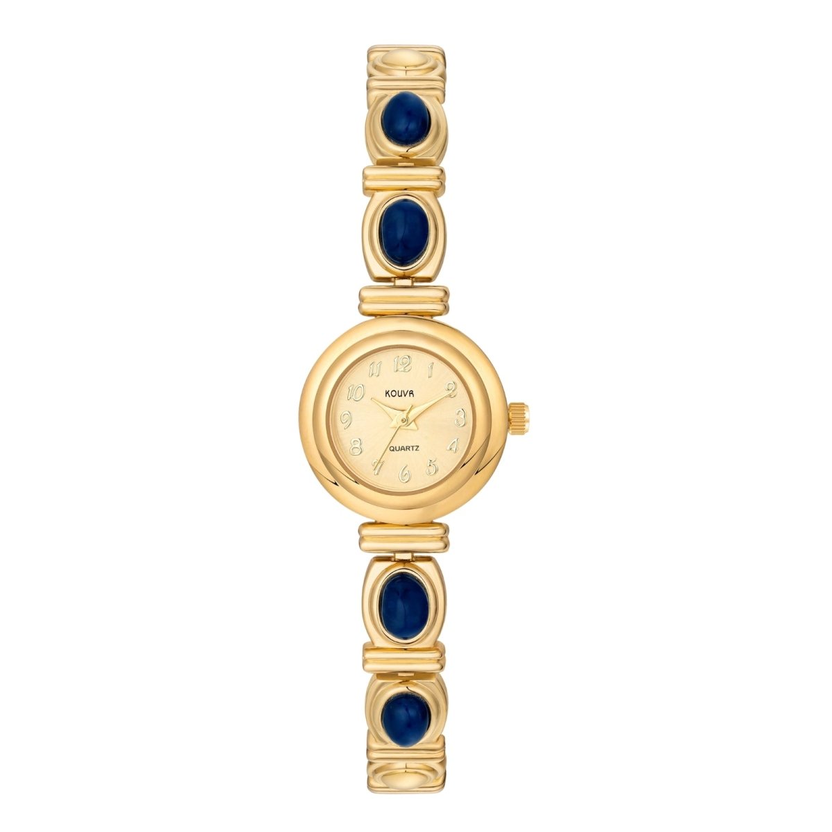 Kouvr Elsinora women's vintage style gold bracelet watch with blue oval stones on a white background.