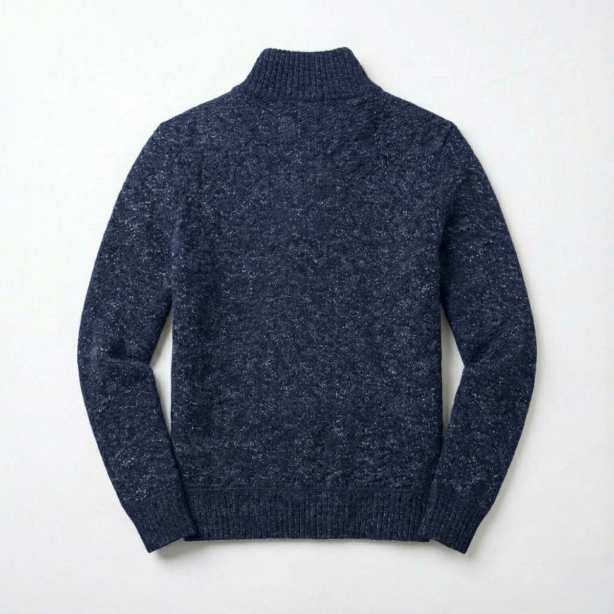 Flatlay product shot of the back of the Kouvr Elyson navy blue marl pullover sweater, showcasing the continuous textured weave.