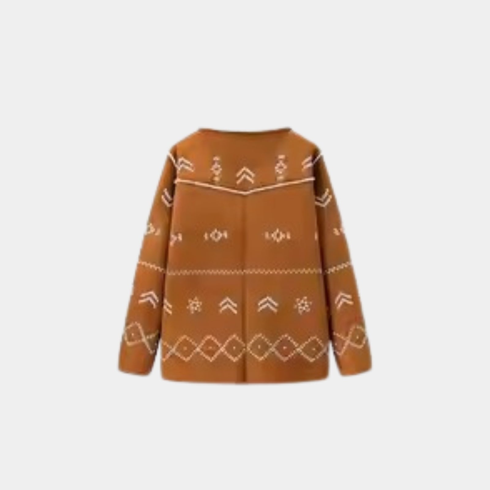 Flat lay of the back of the Kouvr Aspen shearling jacket highlighting the artisan embroidery detail.