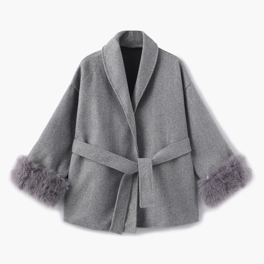 faux fur cuff wrap coat
heather grey robe coat
cashmere blend belted coat
shawl collar wool coat
luxury winter coat for women
short grey wrap coat